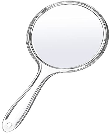 D Handheld Mirror with Handle 3.9 W x 8.3 L Hand Mirror Small Doule Sided Magnifying Mirror 1X 2X, Handle Makeup Mirror, Acrylic Handheld Mirror Rounded Shape, Transparent 1 PCS