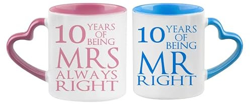 Getagift Tin Mr Right & Mrs Always Right Set of 2 Wedding Anniversary, Valentines Day, Pink and Blue Heart Handle Couple Mug Set. (10 Years)