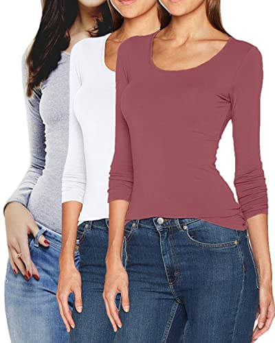 ONLY Damen Langarmshirt Figurbetont und Tailliert aus Baumwolle, Rundhalsausschnitt (3er Love Mix 5 - L) (Grey, Rose, White)