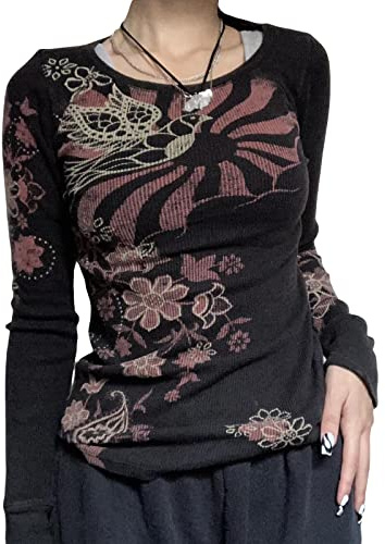 YILEEGOO Women Goth Shirt Long Sleeve Vintage Print Y2K Crop Top Crewneck Aesthetic Slim Cropped Blouse Tee Grunge Clothes T-Shirt (Black Red Flower, L)