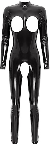 TiaoBug Damen Wetlook Bodysuit Ouvert Hose Latex Catsuit Lack Leder Overall Jumpsuit Langarm Top Hot Pants Dessous Gogo Clubwear