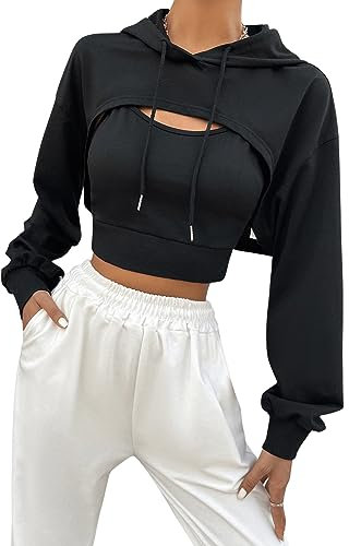 GORGLITTER Damen Super Crop Hoodie mit Top Drunter 2 in 1 Kapuzenpullover Kapuzensweatshirt Kapuzen Langarmshirt mit Tunnelzug Schwarz S