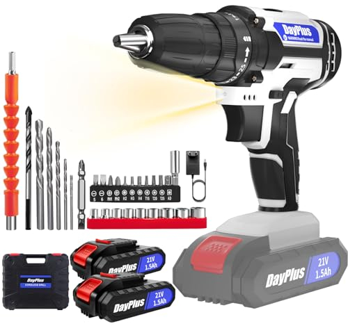 Huini Taladro Bateria 21V, Taladro Atornillador con 2 Baterías 1.5Ah, Atornillador Electrico 25+1 Ajuste de Par, Electrico con 45Nm, 2 Velocidad, 29Accesorios, LED Luz Para Hogar, Bricolaje