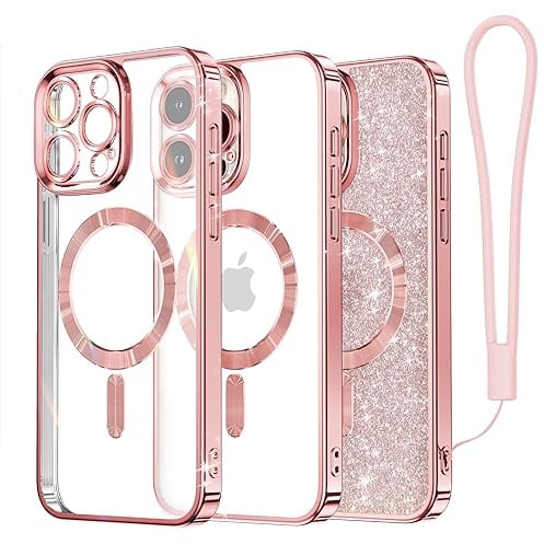 Meifigno Clear Hülle Kompatibel mit iPhone 15 Pro Max, [Kompatibel mit Magsafe][Glitzer Karte & Handschlaufe] Kameraschutz Transparent Case für iPhone 15 Pro Max 6,7’’ Frauen Mädchen, Roségold
