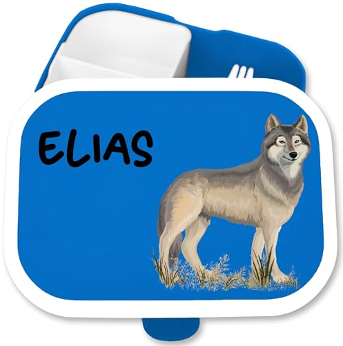 Brotdose Kinder Campus für Mepal - Wolf mit Name personalisiert I Wolfsmotiv Geschenk Wölfe - 750 ml - Blau - fächern brotzeitbox lunchbox brotbox auslaufsichere