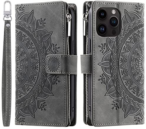 VEEMOS Wallet Case for iPhone 15 Pro Flower Flip Case Protective Leather Folio Book Phone Cover with Card Slots Kickstand Zipper Pocket - Grey