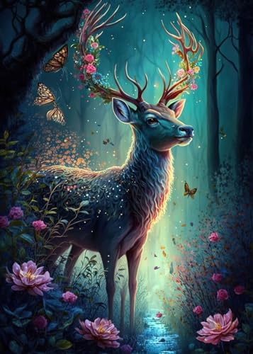 NAIMOER Cerf Peinture Diamant Adulte, Diamond Painting Fleur Complet, Diamant Painting Forêt Enfants Diamant Strass Point de Croix Cristal Diamond Painting Animaux pour Home Décor 30x30cm