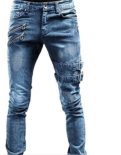 Jeans Uomo Slim Fit Pantaloni Corti Casual da alla di Colore con Tasche con Cerniera Pantaloni Jean Solid Fashion Skinny Strappati Neri (Z0926-A-Blue, L)
