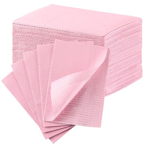 JMU Pink Dental Bibs, 50 Pack 3-Ply Waterproof Disposable Dental Bibs 13x18 for Dental Clinic, Tattoo Shop, Nail Salon