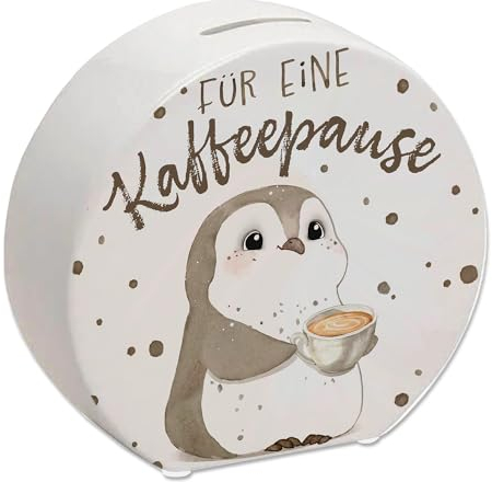 Pinguin mit Cappuccino Spardose mit Spruch Für eine Kaffeepause EIN buntes Sparschwein als Kaffeekasse Geburtstag Kollege Kaffeepause Sparbüchse Pause sparen Kaffee Arbeitsplatz
