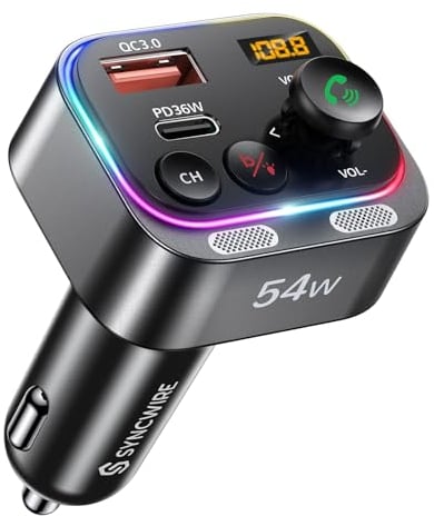 Syncwire Bluetooth 5.4 FM Transmitter Auto Ladegerät 54W PD&QC3.0 USB C Auto Adapter [Schnellladung] [Stärkere Dual-Mikrofone & HiFi-Basston] [Lichtschalter] Kabelloser Radio Freisprechanlage