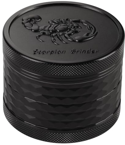 Spespo Herb Grinder, Molinillo de hierbas Premium de aluminio de 2.5 pulgadas(63mm) con escorpión grabados, 4 piezas, molinillo grande con raspador de polen (Negro)