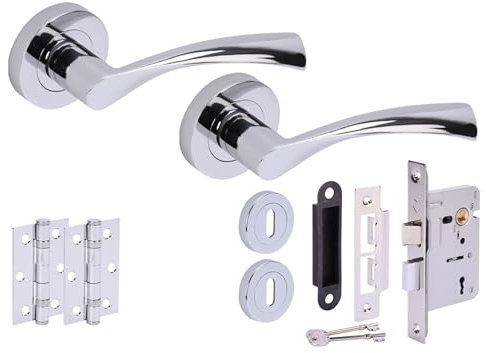 HANDLEZONE® Lobo Door Handles on Rose 3 Lever Lock Pack with 75mm Ball Bearing Hinges and 76mm Lock - Polished Chrome