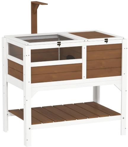 PawHut Tortoise House w/Shelf for Small Pet Reptile Wooden House Brown | Hide Shelter Den and Run, Lamp Holder, Tray, Indoors, Outdoors
