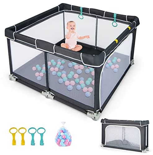 DREAMADE Laufstall Baby, 124 x 124 cm Laufgitter Klappbar mit 50 Spielbällen & 4 Zugringen, Schutzgitter mit Atmungsaktivem Netz & Reißverschluss (Dunkelgrau)