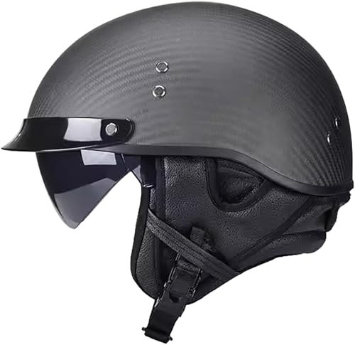 Retro Motorrad Half Helm Carbon Jet-Helm Chopper Motorrad-Helm mit Visier ECE-Zulassung Erwachsene Vintage Open Face Motorradhelm für Scooter Moped Street Bike 3K-D,XL=60CM