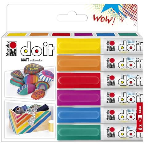 Marabu DO IT Craft Marker, 6er Set Acrylstifte mit 2-3 mm Spitze, Acrylmarker mit Filtersystem ohne Anpumpen, Multimarker für Steine, Holz uvm., 0128000000201