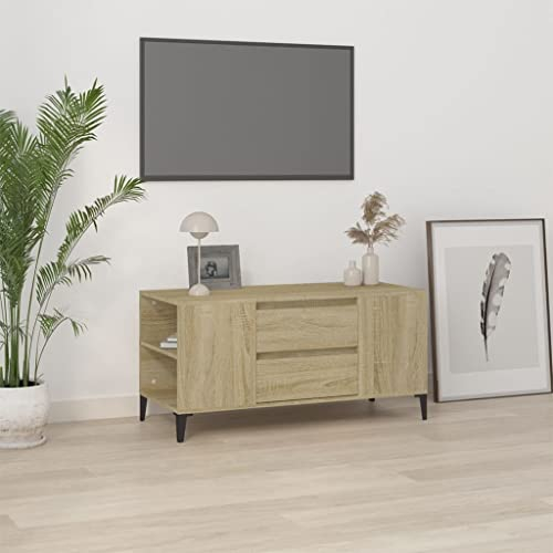 Baziroo TV Schrank Sonoma-Eiche TV Lowboard Fernsehschrank für das Wohnzimmer Kommode für Fernseher 4 Offene Fächer und 2 Schubladen Holzwerkstoff 102x44,5x50 cm