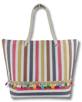 Vico Casa® Borsa mare donna, borsa spiaggia a righe con frangette/Borsa a spalla 38x38X14cm con cerniera, tasca interna e manici in corda (ZX-14470A-4)