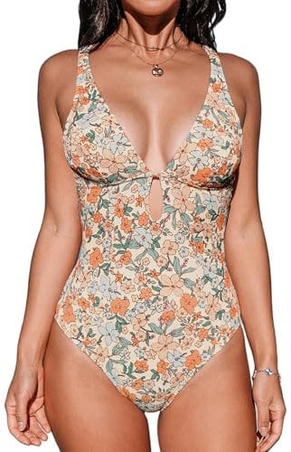 CUPSHE Damen Badeanzug V Ausschnitt Schlüsselloch Cutouts Tiefer rücken Ringdetail Strukturierte Einteilige Bademode Swimsuit Aprikose/Blumen XL
