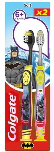 Colgate Batman Wonderwoman 2pk Kids Toothbrush 6+ years - Soft high-density bristles gently clean and massage gums - bristles fit the shape of small teeth - comfortable rubber handle