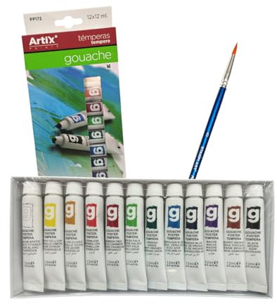JYC CREATIVE 12 Pinturas Gouache + 1 Pincel, Paquete con 12 Colores Pintura Gouache para Papel, Lienzo, Tablero, Cartón y Madera, Témperas, Regalo Manualidades, Pinturas al Agua, (Pintura Gouache)