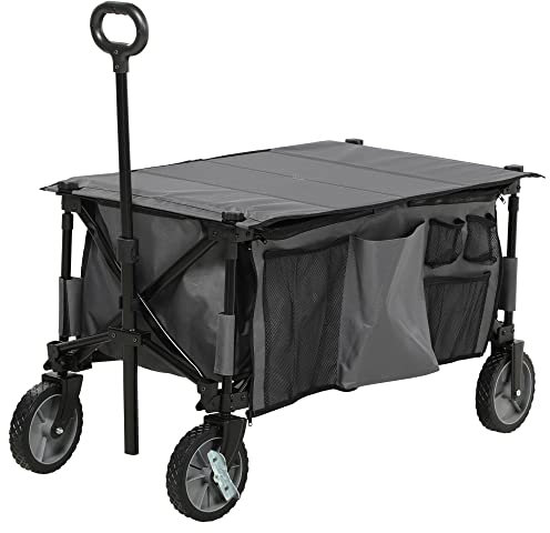 Outsunny Chariot de Plage, Chariot de Transport Pliable 4 Roues bâche Amovible poignée télescopique Inclinaison réglable Plateau Pliable et 5 Sacs de Rangement 108 x 55 x 93 cm Gris foncé