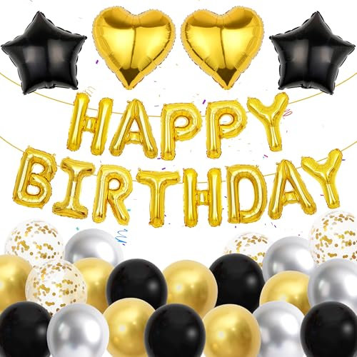 Geburtstag Deko Luftballons Jungen Mädchen, 37 Stücke Happy Birthday Girlande Dekoration Gold für Mann Frauen 16 Zoll Buchstaben Banner, Geburtstagsdeko Herz Ballons für Kinder Erwachsene