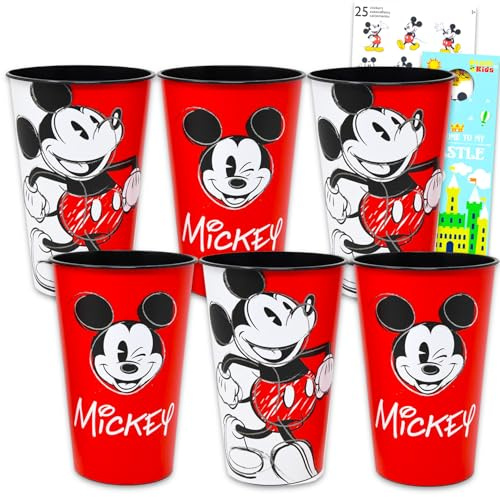 Mickey Mouse Reusable Tumbler Cup Pack - Disney Party Favor 6 Piece Bundle with 24 Oz Cups Plus Stickers, More | Bulk Mickey Mouse Water Tumblers