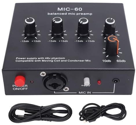 Microphone Preamp, 48V Power High Gain Mic Preamp, XLR, 6.35mm, and 3.5mm Stereo Microphone 3 Input & 3Output, Gain 10 to 60dB for Dynamic and Condenser Microphones