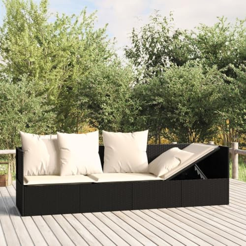 HaoChrymec Outdoor-Loungebett mit Kissen Schwarz Poly Rattan, Verstellbare Rückenlehne, Komfortables Daybed, Lounge Sofa Outdoor, Gartensofa mit Liegefunktion, Balkon Sofa, 203 x 58 x 56 cm