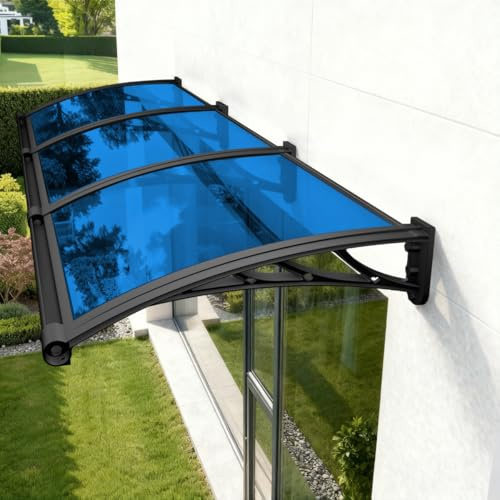 Vordach für Haustür, Überdachung Haustür mit Waschbecken aus Aluminium fur Markisen Fenster Türen Außenbereiche UV- Regen- Schnee- Sonnenschutz,Schwarz Platte-Blau PC Halterung 80x180cm