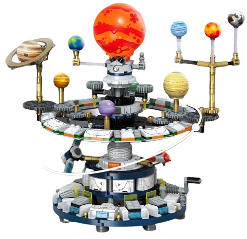 Solar System Bausteine Bausatz, 964 Teile Sonnensystem Planetarium Modell | Drehbares Planetarium mit Handkurbel Klemmbausteine,9Planeten mit Rakete&Satellit,STEM Lernspielzeug Geschenk für Jugendliche