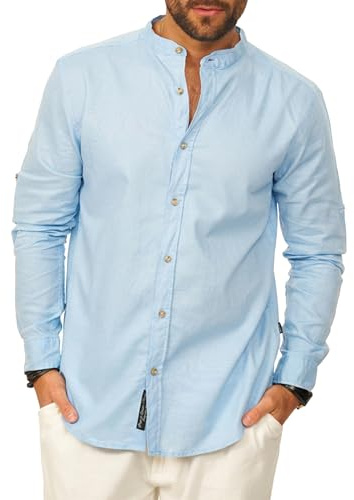 behype. Herren Leinenhemd als Langarmhemd - Freizeithemd im Regular-Fit mit Stehkragen Sommerhemd - Strandhemd im Sommer-Look für Männer