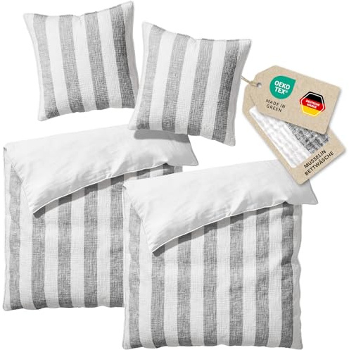 Pure Label Musselin Bettwäsche Set 4-TLG. 2x155x220cm + 2x80x80, Anthrazit | Anschmiegsam, atmungsaktiv und gestreift für gemütlichen Schlafkomfort