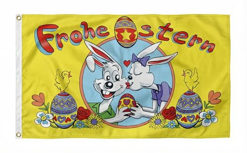 Flaggenfritze® Oster-Flagge Frohe Ostern mit Hasen & Ostereiern – 90 × 150 cm Outdoor-Flagge wetterfest + Gratis Digni® Sticker