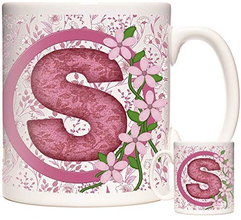 Letter S Gift Mug, Monogram S Mug, Alphabet Letter S Mug, Birthday or Celebration Gift for People Who's Name Begins with S. Pink Flower Design Mug, Letter S Gift.