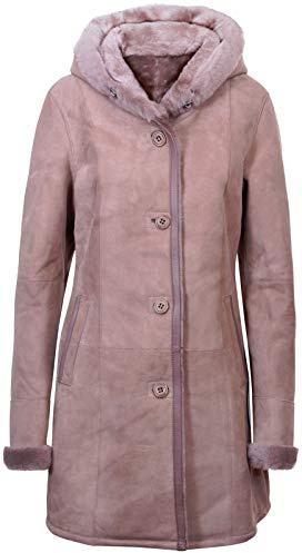 Damen Elegante Taupe Mit Kapuze Wildleder Merino Shearling Schaffell Jacke