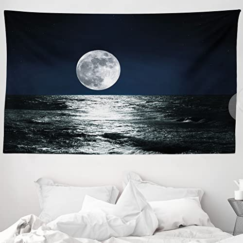 ABAKUHAUS Mond Wandteppich und Tagesdecke, Ethereal Theme Zeichnung aus Weiches Mikrofaser Stoff Waschbar ohne Verblassen Digitaldruck, 230 x 140 cm, Dunkelblau Schwarz
