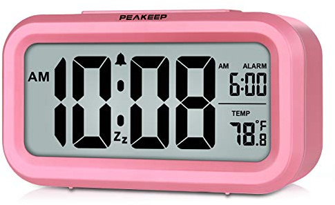 Peakeep Night Light Alarm Clock Battery Operated with Indoor Temperature, Desk Digital Clock for Kids Girls Bedrooms (Pink)