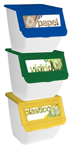 TIENDA EURASIA | Cubos de Basura de Reciclaje con Tapa | Pack 3 Contenedores Apilables de Cocina con Ruedas | Capacidad 36 L | 39 x 39 x 36 cm | Ideal para Organizar Residuos (Blanco)