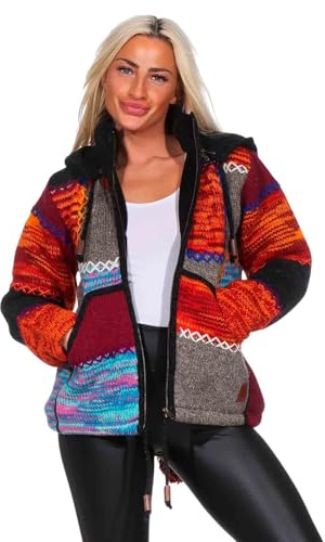 Kunst und Magie Damen Strickjacke Goa Wolle Jacke mit Fleecefutter mit Abnehmbarer Zipfelkapuze