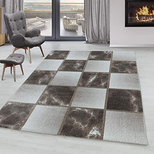 SIMPEX Kurzflor Teppich, Kariert Design, Teppich Braun, 140 x 200 cm, Teppich modernen Stil, Teppich Wohnzimmer