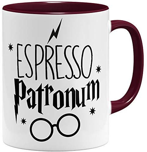 OM3® Taza de café Espresso Patronum, taza de cerámica, 325 ml, estampado por ambos lados, color burdeos