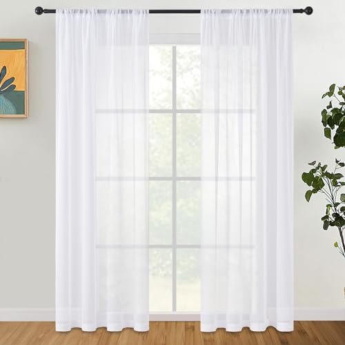 CUTEWIND Gardinen mit Stangendurchzug Vorhänge aus Voile Gardine für Wohnzimmer Modern Halbtransparent Garidnenschal 2 Stüke 140x245cm(BxH) Weiß