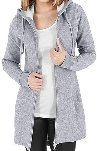Felpe con Cappuccio Donna Manica Lunga Cappotto con Zip Cappotto Scollo a V Top Casual Chic Eleganti Tinta Unita Felpa Cardigan Autunno Invernali Felpe,Grigio Chiaro S