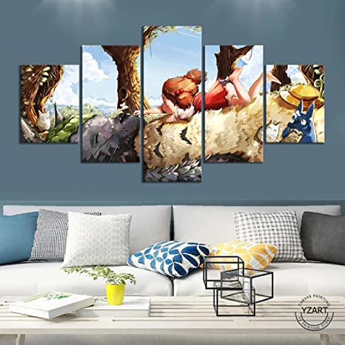 Wondbeau Leinwanddrucke Modulare Wandkunst Wandaufkleber 5 Teiliges Wandbild Druck auf Leinwand Malerei Moderne Abstrakte Poster Mit Rahmen L/150cm×80cm Mein Nachbar Totoro,Fürs Kinderzimmer