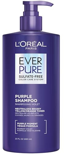 L’Oreal Paris Sulfate Free Brass Toning Purple Shampoo for Blonde, Bleached, Silver, or Brown Highlighted Hair, EverPure, 23 Fl Oz (Packaging May Vary)