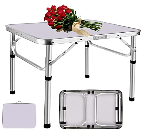 Klapptisch, 60 cm, höhenverstellbar, für Garten/Catering/Camping/Picknick/Grillen/Hochzeit/Party/Outdoor-Aktivitäten, zusammenklappbarer Tisch für drinnen und draußen, mit Tragegriff, Aluminiumrahmen,