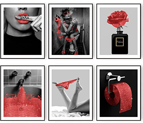 HOGEBIG Modische Wandkunstdrucke Badezimmer Dekor Rot Glam Glitzer Tissue Leinwand Poster Bilder Fotos Kunstwerk Wand Schwarz und Weiß Moderne Frauen Lustiges 11x14 Zoll (27.9x35.6cm) Ungerahmt